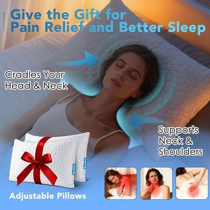 QUTOOL Cooling Pillow for Sleeping 2 Pack,Luxury Shredded Memory Foam Bed Standard Pillows Set of 2,Cool Pillow for Hot Sleepers Adjustable Firm Pillow for Side,Back,Stomach Sleepers Soft Yet Support