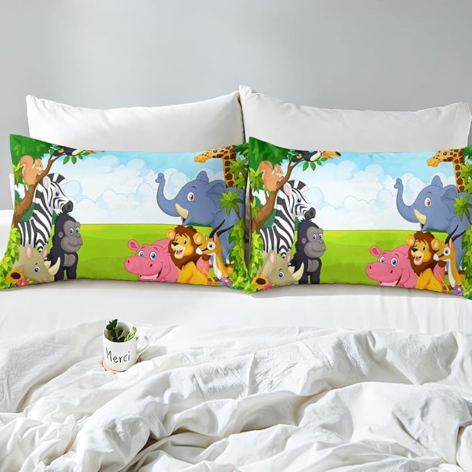 Feelyou Kids Cartoon Animal Soft Comforter Set Jungle Elephant Lion Zebra Giraffe Monkey Bedding Set Cute Quilt Collection 3Pcs Full Size Boys