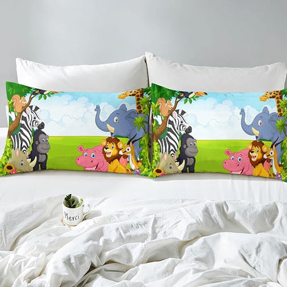 Feelyou Kids Cartoon Animal Soft Comforter Set Jungle Elephant Lion Zebra Giraffe Monkey Bedding Set Cute Quilt Set Bedroom Collection 2Pcs Twin Size