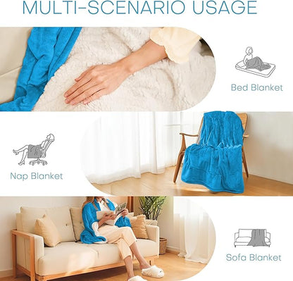 LUXIAN Electric Heated Blanket Throw Size 50"x60" - Flannel & Sherpa Fabric Dual-Sided, 6 Heat Settings & 3 Hours Auto Off, Machine Washable, Ocean Breeze Blue