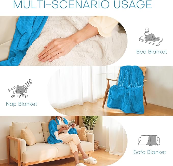LUXIAN Electric Heated Blanket Twin Size 62"x84" -Flannel & Sherpa Fabric Dual-Sided, 6 Heat Settings & 1-10 Hours Auto Off, Machine Washable, Sea Breeze Blue