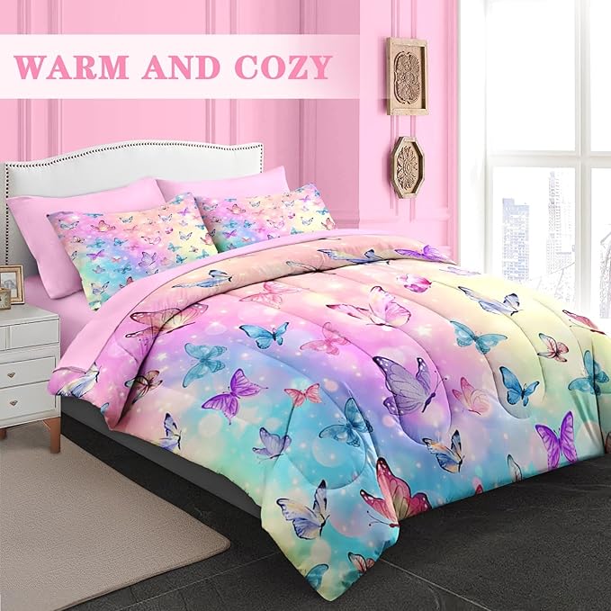 Comforter Set Twin Size, Pink Blue Butterfly 5 Pcs Bedding for Kids and Adults, Purple Colorful Rainbow Bed Sheet Sets with Fitted Sheet Pillowcase & Sham for Bedroom Bed Decor