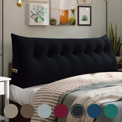 WOWMAX 100% Cotton Velvet Headboard Pillow – King Size Wedge Back Support Reading Bolster for Bed & Daybed, Handmade Firm Support Cushion with Removable Cover, Soft Luxury Bed Rest Pillow, Black