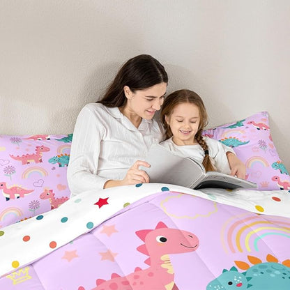 Castle Fairy Kawaii Dino Kids Comforter Set Queen Size,Cute Rainbow Floral Love Heart Reversible Bedding Set for Adult,Pink Blue Dinosaur Lovely Animal Luxury Bed Duvet Insert,2 Pillowcases