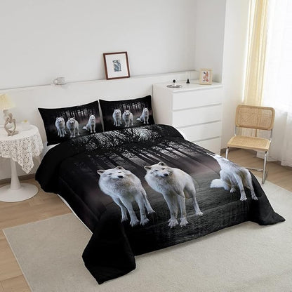 Feelyou Wolf Bedding Set Full Size Safari Animal Pattern Comforter Set for Kids Boys Girls White Wolf Family Comforter Woodland Cool Wildlife Style Decor Quilt Set 3 Pcs