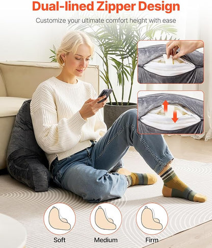VEVOR Reading Pillow, Standard Size Back Pillow for Bed Sitting Up with 3 Pockets, Sitting Pillow for Bed with Shredded Memory Foam, Bed Chair Pillow for Watching TV, Reading, Gaming, Resting, Grey