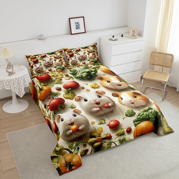 Castle Fairy 3D Guinea Pig Comforter Set Toddler Size Kawaii Wild Animal Bedding Set Kids Boys Girls Vegetables Fruit Leaves All Season Quilt Set Cute Wildlife Bedding Comforter Sets,2Pcs