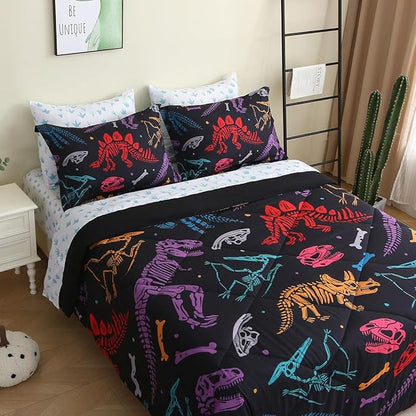 7 Piece Boys Dinosaur Comforter Set Full Size 3D Black Dinosaur Skeleton Bedding Set for Toddler Kids Teens Christmas Birthday Gift