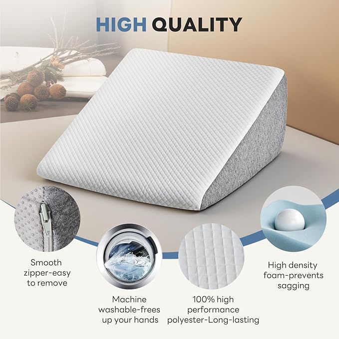 Wedge Pillow for Sleep Apnea, 12" Triangle Pillows Memory Foam Acid Reflux Pillow, Anti Snore Wedges for Sleeping with Washable Breathable Cover, Grey and White