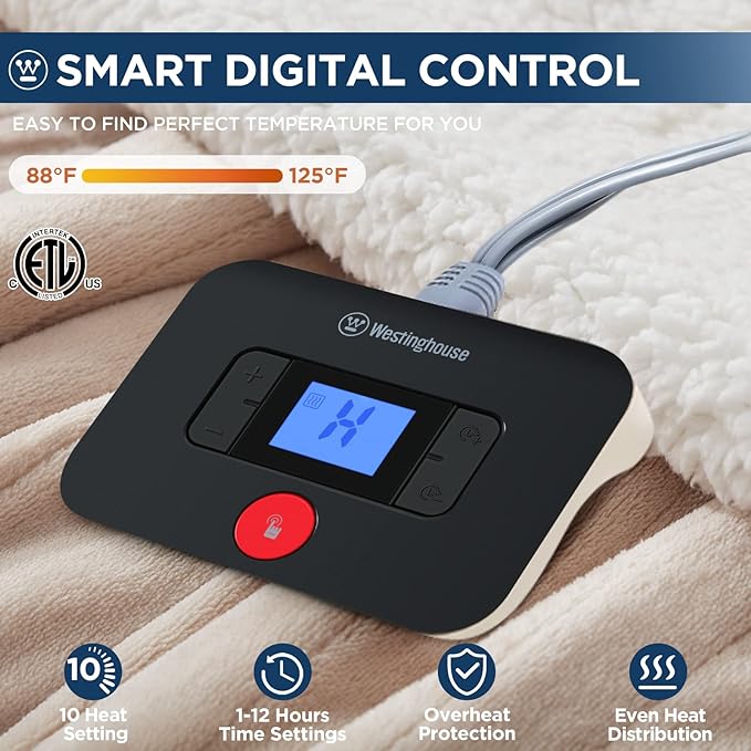 Westinghouse Electric Blanket Full, Heated Blanket Full Size with 10 Heating Levels and 1 to 12 Hours Heating Time Settings, Flannel to Sherpa Reversible, Machine Washable (80" x 84", Beige)