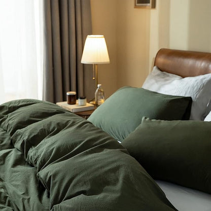 Dark Green Duvet Cover King, 100% Washed Cotton Linen Like Textured Solid Color Casual Modern Dark Green Bedding Set, with Zipper Closure, Luxury Soft Relaxed Feel Natural Wrinkled Comfy (3pcs, King)