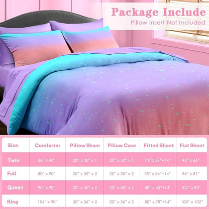 Comforter Set Full Size, Colorful Rainbow Star Moon 7 Pcs Bedding for Kids and Adults, Purple Pink Blue Gradient Bed Sheet Sets with Fitted Sheet 2 Pillowcases & 2 Shams for Bedroom Bed Decor