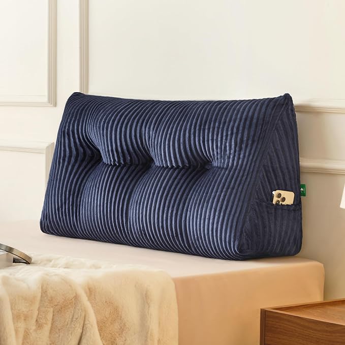Z-hom Twin Headboard Pillow, Triangular Wedge Reading Pillow for Bed or Sofa, Ergonomic Backrest Cushion for Sitting Up, Reading or Relaxing, with Side Pocket，Removable Washable Cover,Blue