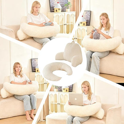 Reading Pillow for Bed,U Shaped & Back Support Pillow for Bed,17" Backrest with Lumbar & Arm Support,Comfy Flannel Fabric,Lap Pillow for Gaming/Reading/Watching TV,White
