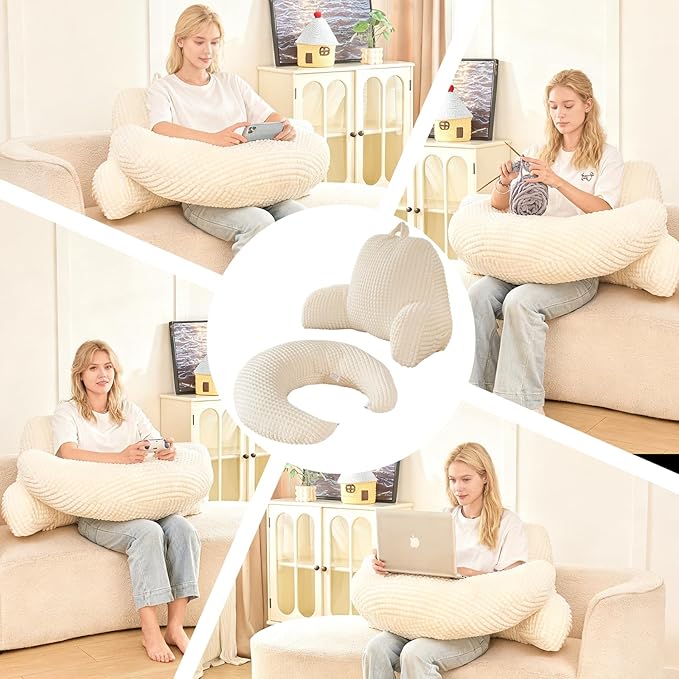 Reading Pillow for Bed,U Shaped & Back Support Pillow for Bed,19" Backrest with Lumbar & Arm Support,Comfy Flannel Fabric,Lap Pillow for Gaming/Reading/Watching TV,White