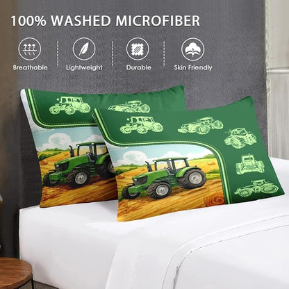 Queen Size Comforter Set with 2 Pillowcase, Green Tractor Soft 3 Pcs Bedding for Kids and Adults, Watercolor Landscape Comforter Set for Room Bedroom Bed Decor