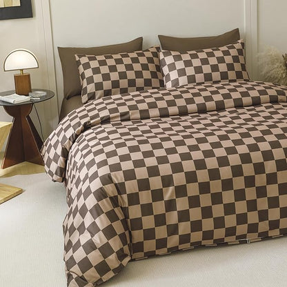 Wellboo Brown Plaid Comforter Sets Twin Size Dark Brown and Cream Coffee Checkerboard Grid Bedding Comforters Cotton Women Men Modern Taupe Checkered Geometric Quilts Soft Luxury Brown Abstract Bed