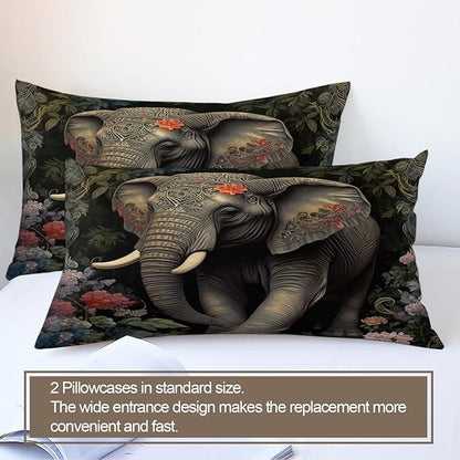 Elephant Duvet Cover California King, Retro Tropical Elephant Bedding Set 3 Piece Bedroom Decor Boho Jungle Comforter Cover and 2 Pillow Sham with Zipper Closure