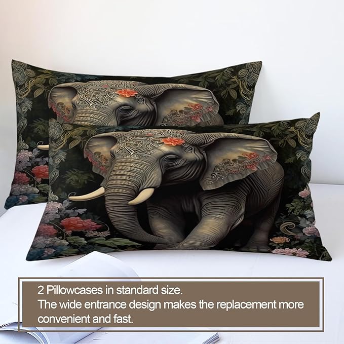 Elephant Duvet Cover Twin Retro Tropical Elephant Bedding Set 2 Piece for Kids Decor Boho Jungle Comforter Cover and 1 Pillow Sham with Zipper Closure