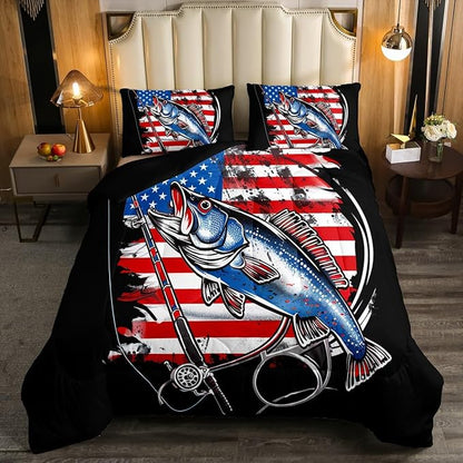 Feelyou Farmhouse Fishing Bedding Set Queen Size Bass Fish American Flag Comforter Set for Kids Boys Girls Teens Fishing Lover Room Wild Pike Fish Decor Comforter Red Blue Stripe Quilted 3Pcs