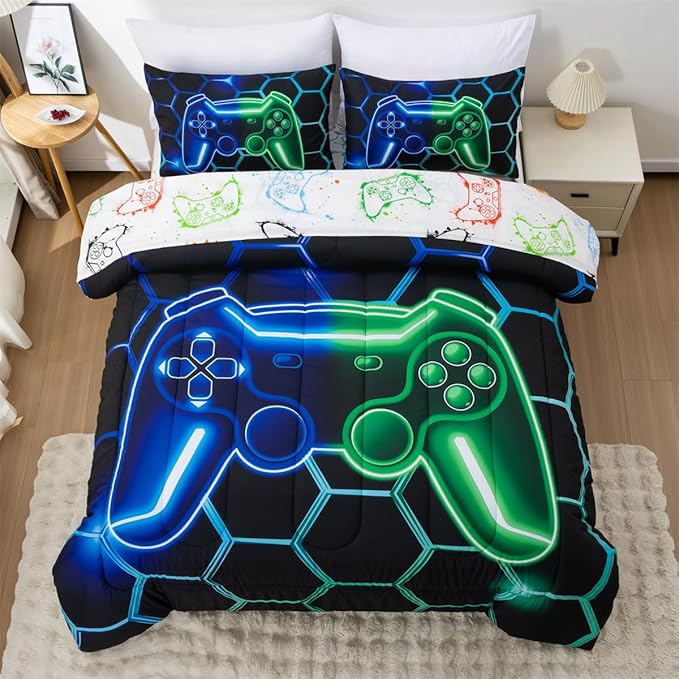 NTBED Game Console Comforter Set for Boys Girls Kids 3D Gaming Geometric Lightweight Microfiber Gamer Bedding Sets (Blue Green, Twin 5Pcs)