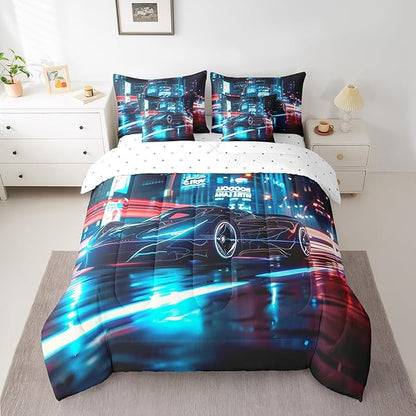 Feelyou City Racing Car 7 Piece Bedding Set King Size for Kids Boys Extreme Sport Games Comforter Set with Sheets Teens Toddler Fast and Furious Bed in a Bag Cool Modern Bed Set