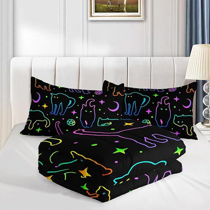 Axolotl Neon Cat Bedding Comforter Set King,Cartoon Gradient Line Cat Bedding,Colorful Neon Cats Animal Bed Set,Moon Stars Printed Kids Bedding for Boys Girls Adults,1 Quilt 2 Pillow Cases,Black