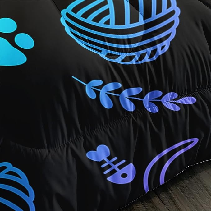 Black Cat Bedding Cartoon Cat Comforter Set Full,Neon Cat Paw Ball of Yarn Printed Kids Bedding for Cat Lover Boys Girls Adults Room Decor,Kids Comforter,1 Quilt 2 Pillow Cases,Neon Color Purple Blue