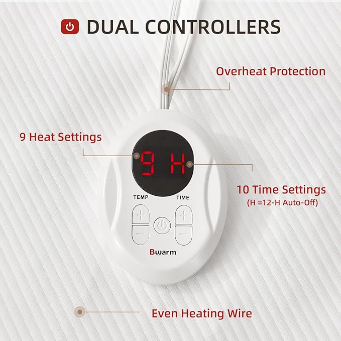 Bwarm Waterproof Heated Mattress Pad, ETL Certified Bed Warmer with Memory Function 9 Heat Settings, 1-12 Hours Auto Off Deep Pocket, Machine Washable, White King