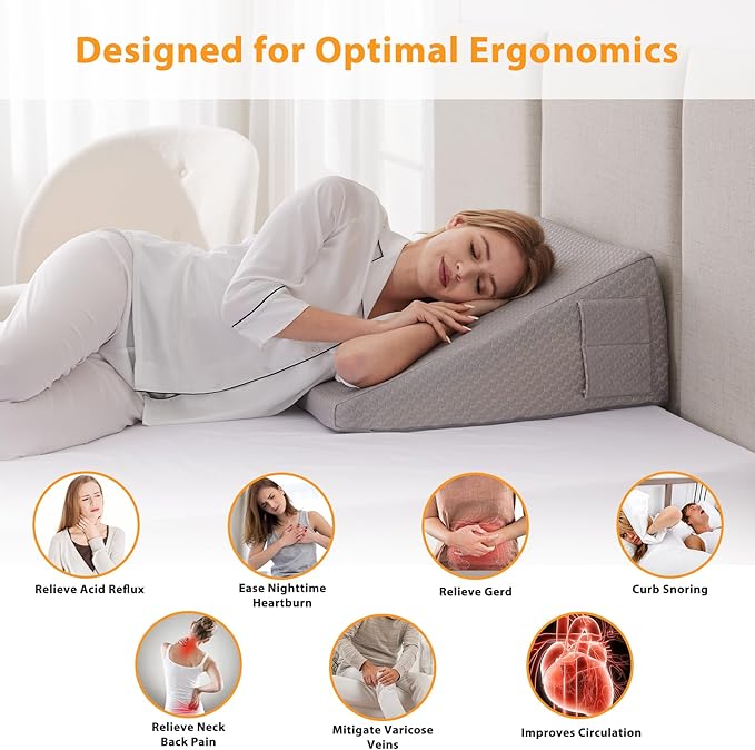 Wedge Pillow for Sleeping, 10" Bed Wedges Pillow for Headboard, Triangle Incline Wedge for Acid Reflux, Pillows Wedge for Back Pain Relief, Elevated Leg Pillows After Surgery, Snoring, Grey