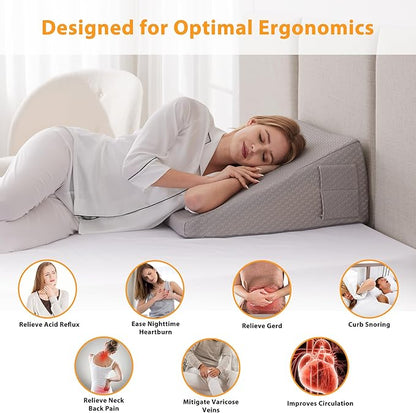 Wedge Pillow for Sleeping, 10" Bed Wedges Pillow for Headboard, Triangle Incline Wedge for Acid Reflux, Pillows Wedge for Back Pain Relief, Elevated Leg Pillows After Surgery, Snoring, Grey