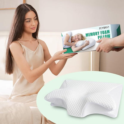 Memory Foam Cervical Pillow, 2-in-1 Ergonomic Neck Support Pillow with Armrest & Ear Hole, Contour Orthopedic Bed Pillow for Pain Relief, Adjustable Height for Side, Back & Stomach Sleepers