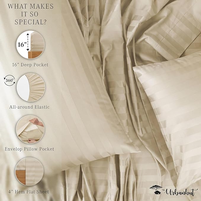 URBANHUT 1000 Thread Count Egyptian Cotton Damask Striped King Sheets, Long Staple Soft & Breathable, 4 Pc Bed Sheet Sets, Luxury Hotel Sateen Sheets Fits 16" Deep Pocket - Ivory