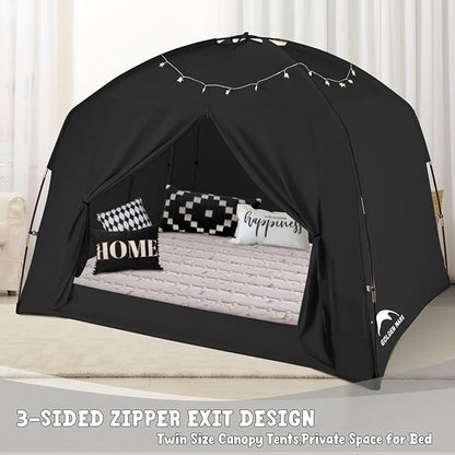Bed Tents for Kids and Adult, Portable 100% Breathable and 93% Blackout Toddler Dream Play Tent, 3 Doors Big Privacy Space Sleeping Canopy for Floor or Twin Full Queen Sizes Bed (Black, Queen-Size)