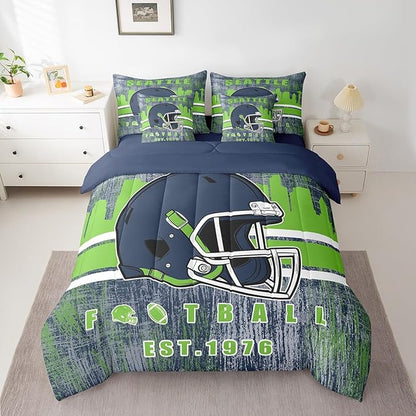 Erosebridal Football City Bedding Set Classic Sports Helmet Boys Bed in A Bag Queen, Rugby Fans Comforter Sets with Sheets for Boys Gridiron Seasonal Bed Set Navy Green Room Decor