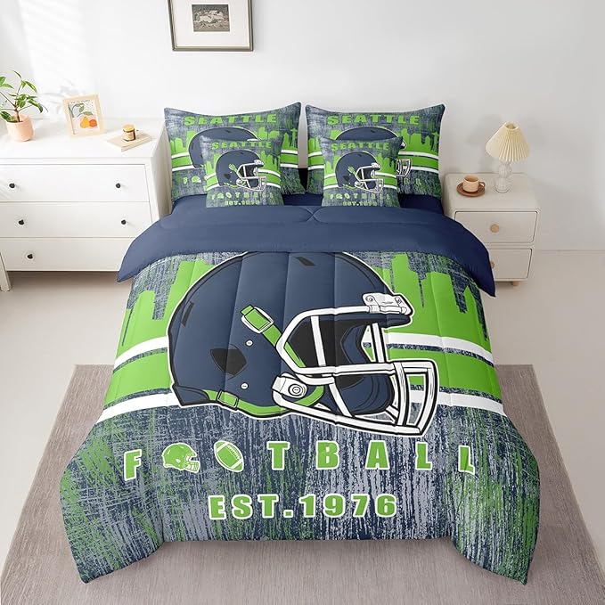 Erosebridal Football City Bedding Set Classic Sports Helmet Boys Bed in A Bag Full, Rugby Fans Comforter Sets with Sheets for Boys Gridiron Seasonal Bed Set Navy Green Room Decor