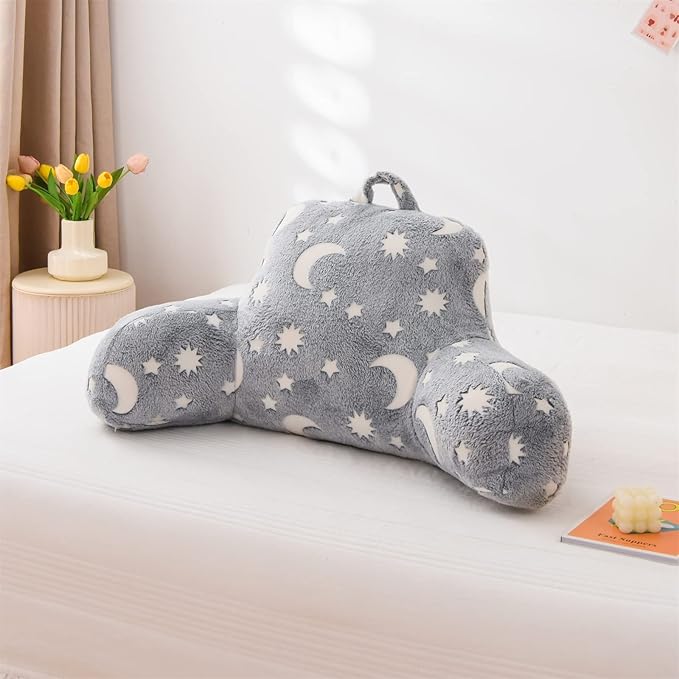Aimuan Reading Pillow Glow in The Dark Bed Rest Wedge Kids Glow Backrest Pillow Dinosaur Print with Arms Back Support for Sitting Up in Bed Cushion, Grey