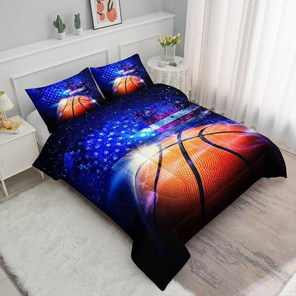 3D Basketball Comforter Set American Flag Printed Bedding Set with 1 Comforter and 2 Pillowcases for Boys and Girls Bedroom All Season(Basketball Queen)