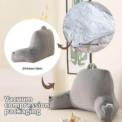 Reading Pillow for Sitting in Bed, Large Backrest Reading Pillow with Arm Rest,Back-Rest Support Cushion for Sit Up on Couch, Sofa, and Floor, Dorm Essentials (Gray Faux Fur, Large(19"))
