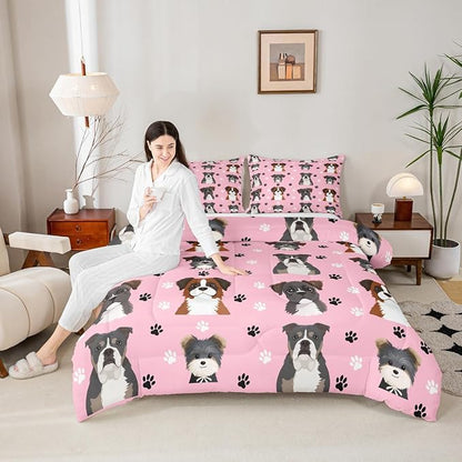 Castle Fairy Cute Dogs Bedding Sets Toddler Size 2 Pcs,Cartoon Watercolor Puppy Animals Comforter Set for Kids Girls Teen,Black White Paw Print Quilted Comforter with 1 Pillowcase