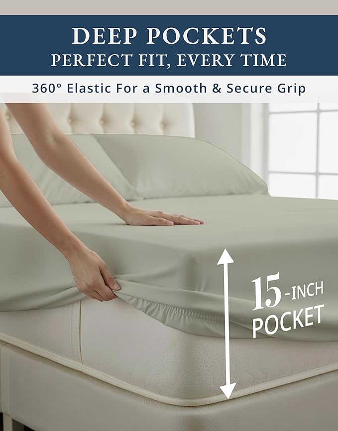 100% Egyptian Cotton Queen Bed Sheet Set – 4 Piece Queen Sheets Set, Breathable & Fade Resistant, Silky Sateen Weave for Winter Comfort, Ultra-Soft Hotel Luxury Bedding with 15" Deep Pocket - Mineral