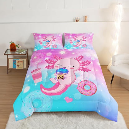 HOSIMA Axolotl King Size Comforter Set Cute Animal Bedding Room Decor for Teen Girls Dessert Milk Tea Donut Bed Princess Toddler Bedding Set Fantasy Bed in a Bag King Size for Adults Kids.