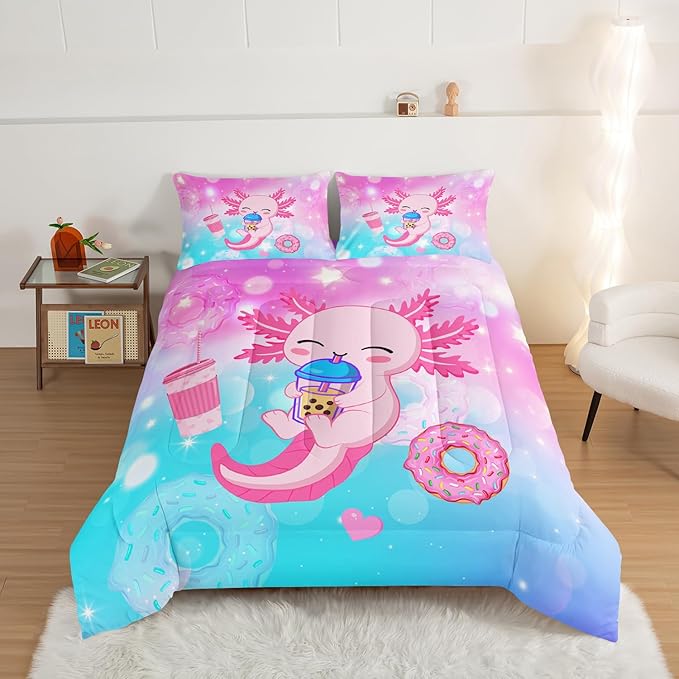 HOSIMA Axolotl Twin Comforter Set Cute Animal Bedding Room Decor for Teen Girls Dessert Milk Tea Donut Bed Princess Toddler Bedding Set Fantasy Blue Purple Twin Bed in a Bag Sets for Adults Teens.