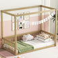 MERITLINE Full Canopy Bed Frame with Fence,Solid Wood Montessori Floor Bed with Guardrail, Easy to Assemble (Natural)