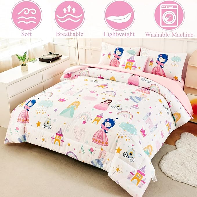 ANGIYUIN Princess Fairy Tales Full Comforter Set for Girls Cartoon Rainbow Love Kids Bed in A Bag with Sheets Cute and Soft Bedding Comforter Set for All Season(Princess, Rainbow, Castel, White)