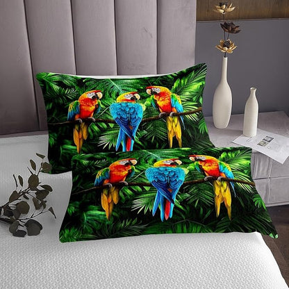 Erosebridal Parrot Bedspread Watercolor Animal Feather Bedding Set Palm Leaf Coverlet Set, Tropical Plant Birds Comfortable Quilted with Pillowcase Queen Size