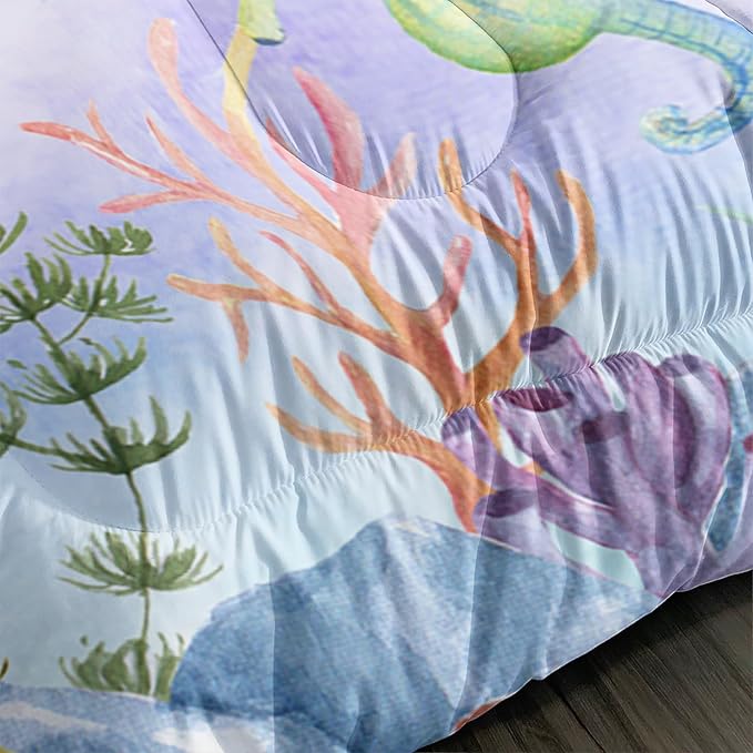 Turtle Bedding Set 3pcs Twin Ocean Life Shell Comforter Set Kid Fish Crab Bedding Set for Boy Girl Watercolor Tortoise Seaweed Theme Pattern Quilt Bed Set with 1 Comforter and 2 Pillowcases