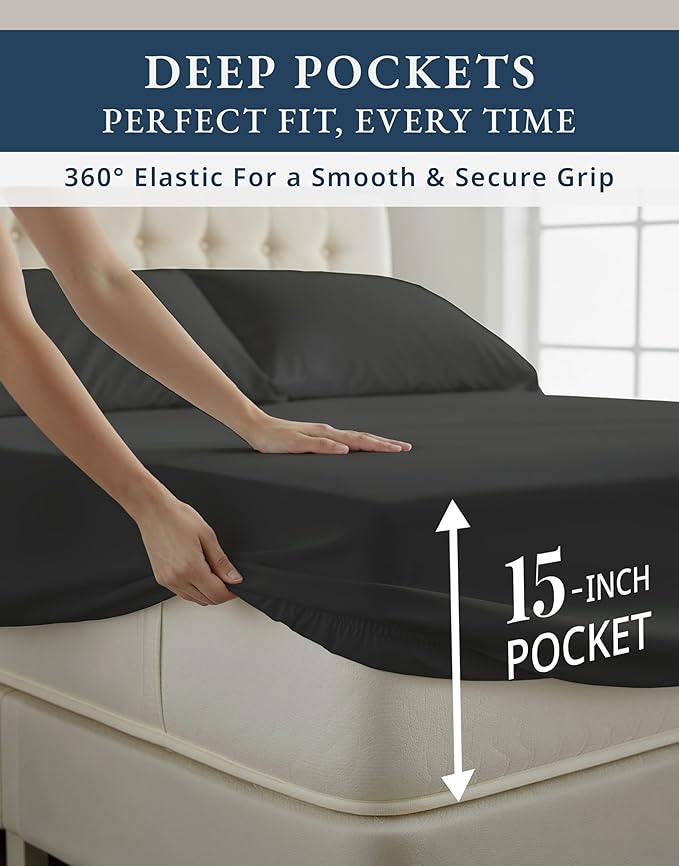 LANE LINEN 100% Egyptian Cotton Sheets Set Full Size Bed, Fully Elasticized Reinforced Seams Extra Deep Pocket Full Sheets Set (Never on Clearance), No Pill Fade Resistant Cooling - Black