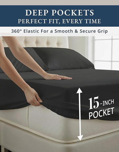 LANE LINEN 100% Egyptian Cotton Sheets Set Full Size Bed, Fully Elasticized Reinforced Seams Extra Deep Pocket Full Sheets Set (Never on Clearance), No Pill Fade Resistant Cooling - Black