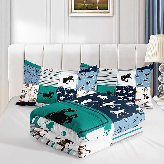Kids Comforter Set Horses Printed Pattern Bedding Set with 1 Comforter and 2 Pillowcases for Girls Boys Bedroom All Season(Horses Twin)